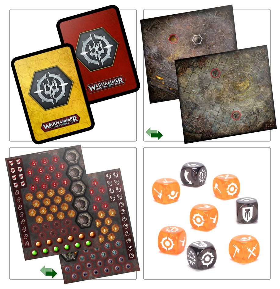 Embergard components: card backs, double-sided battle boards, tracker board and orange and black dice