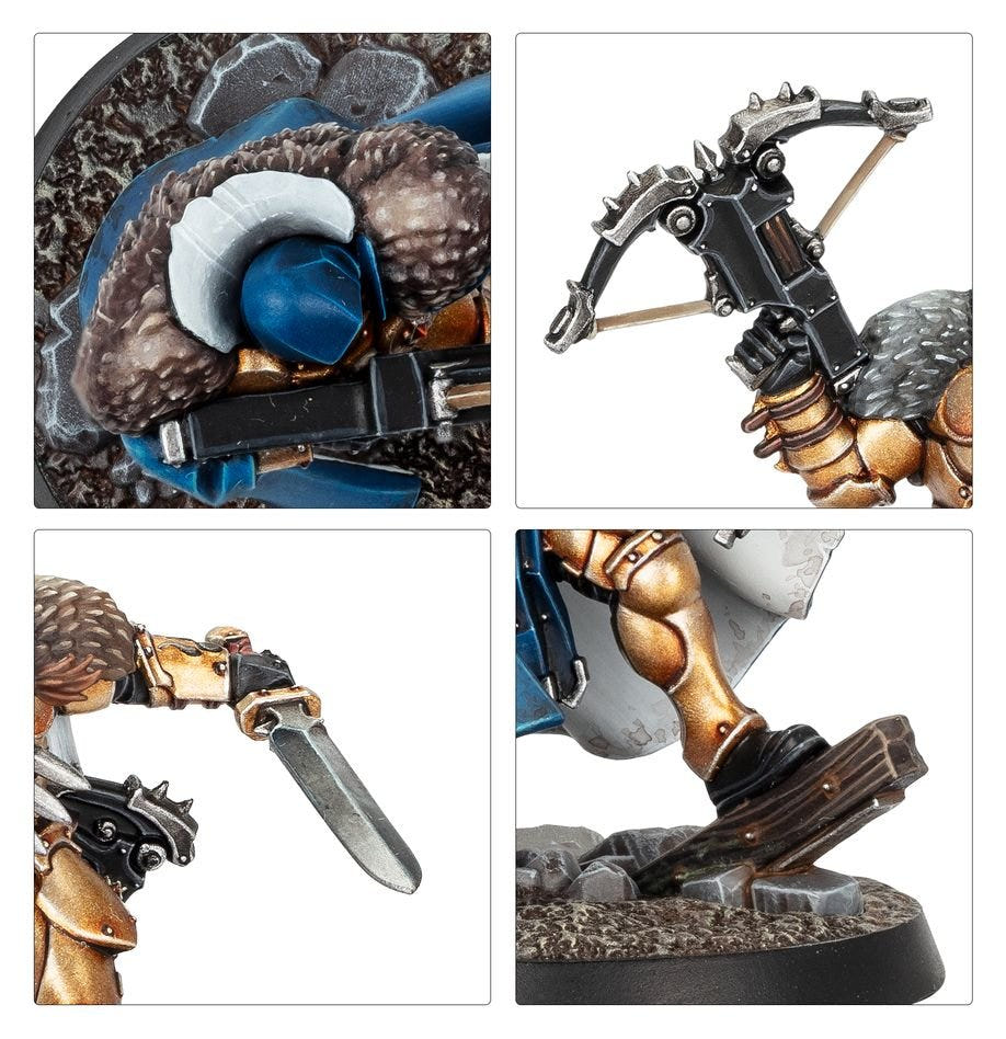 Detail shots of Emberwatch models: blue hood, repeating crossbow, dagger and armoured boot