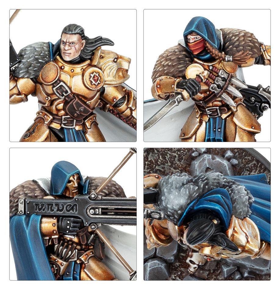 Close-ups of painted Emberwatch fighters from Embergard: faces, gold armour and crossbow