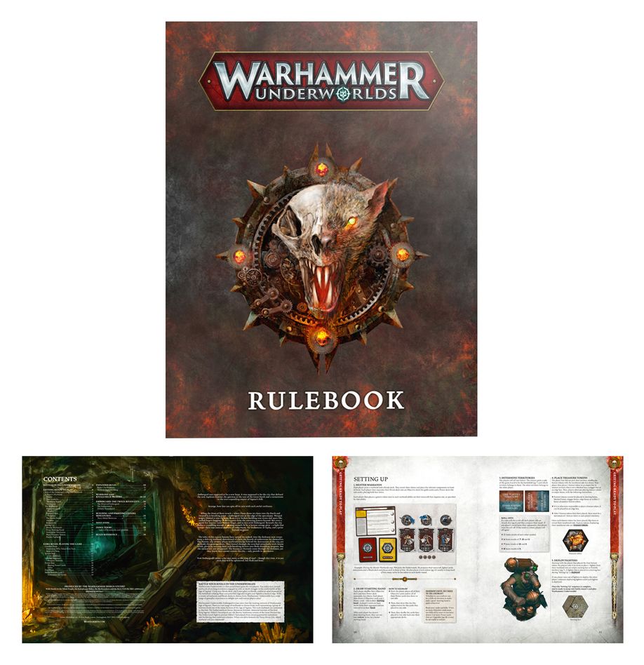 Warhammer Underworlds Embergard rulebook cover with sample interior page spreads