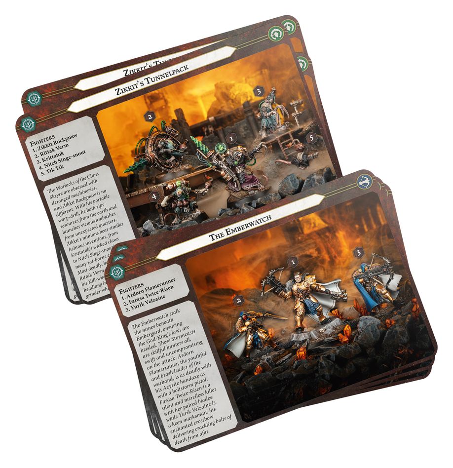 Embergard warband cards for Zikkit's Tunnelpack and The Emberwatch with fighter artwork