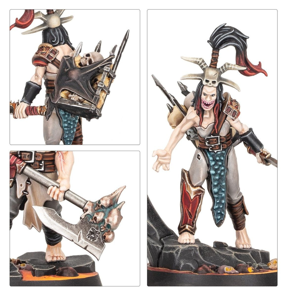Close-ups of painted Kamandora's Blades fighters with axes and horned headdresses