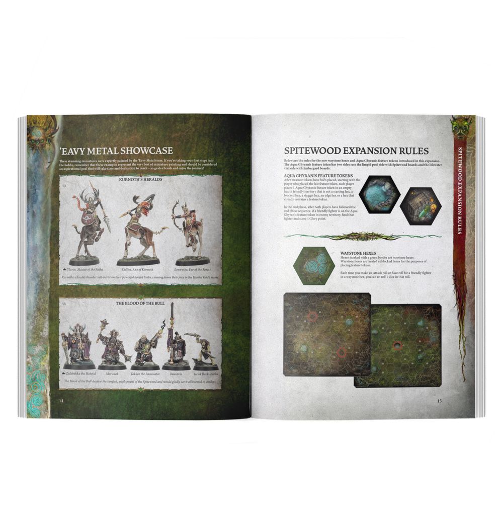Spitewood rulebook spread with miniature showcase and expansion rules