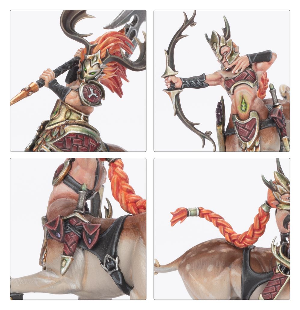 Close-ups of painted Kurnoth's Heralds: spear, bow and braided red hair