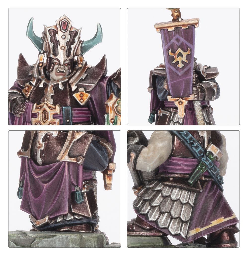 Close-ups of a painted Blood of the Bull fighter: horned helm, banner and armour
