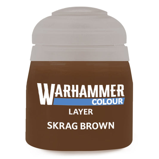 Green paint can labeled 'Skrag Brown' from Warhammer Colour on a white background