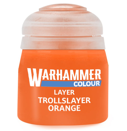 Warhammer Colour paint jar labeled 'Trollslayer Orange' on a white background