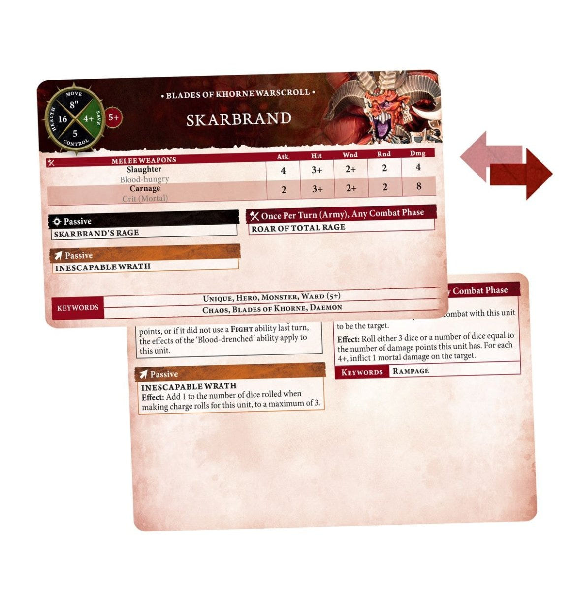 Example Blades of Khorne warscroll card for Skarbrand showing front and reverse rules text