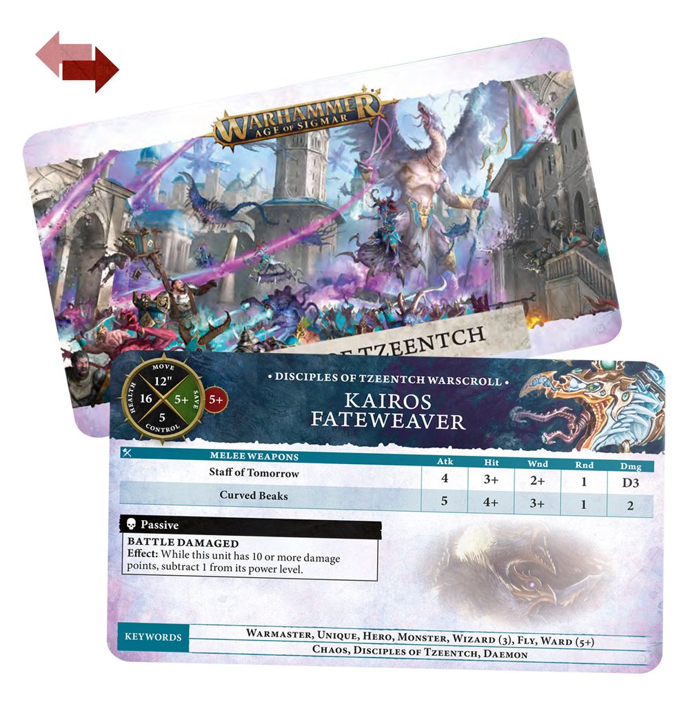 Disciples of Tzeentch warscroll cards: a Kairos Fateweaver card shown with a card back