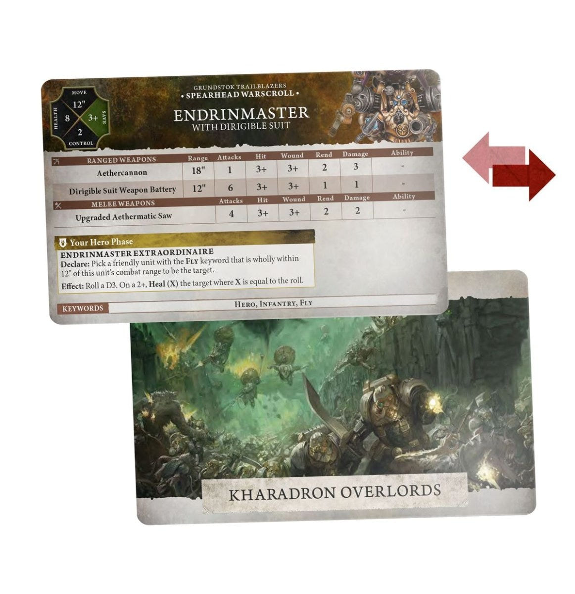 Kharadron Overlords warscroll card front and back, Endrinmaster with Dirigible Suit