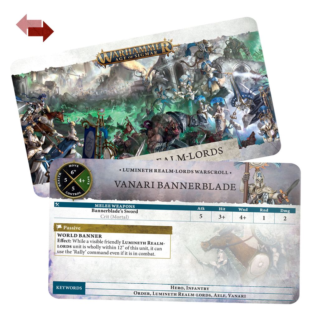 Lumineth Realm-lords warscroll cards: army artwork card back and Vanari Bannerblade warscroll