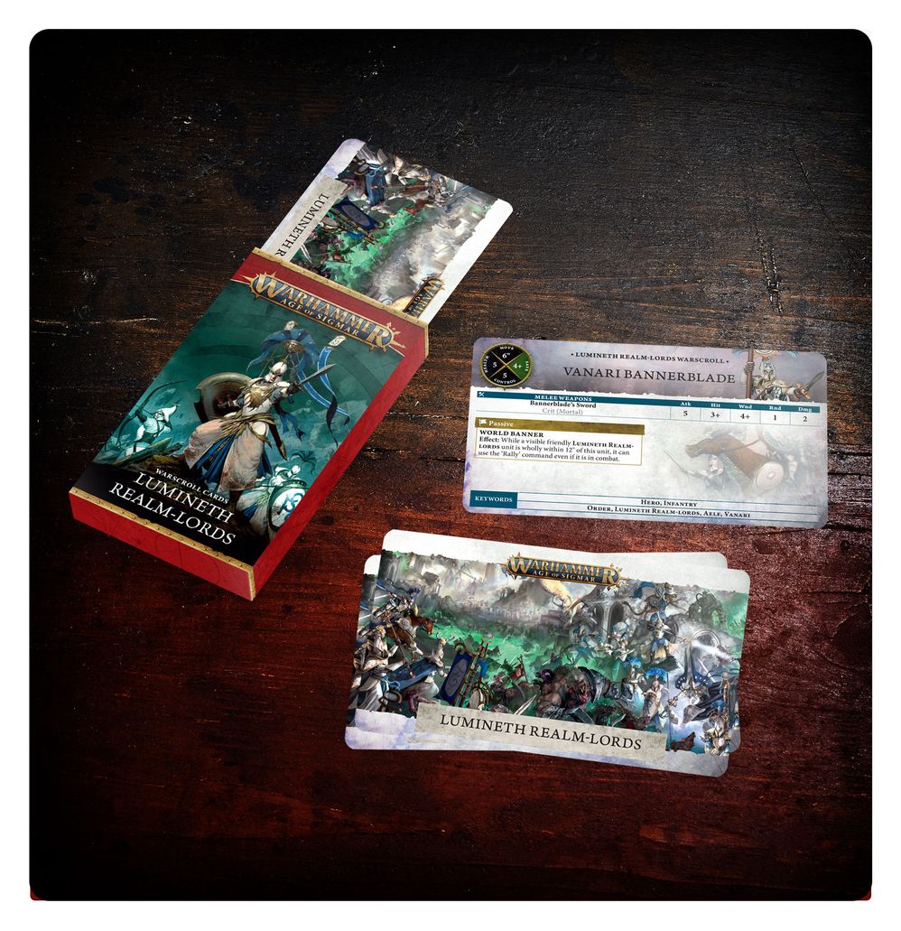 Lumineth Realm-lords warscroll card deck and box laid out on a dark wooden table