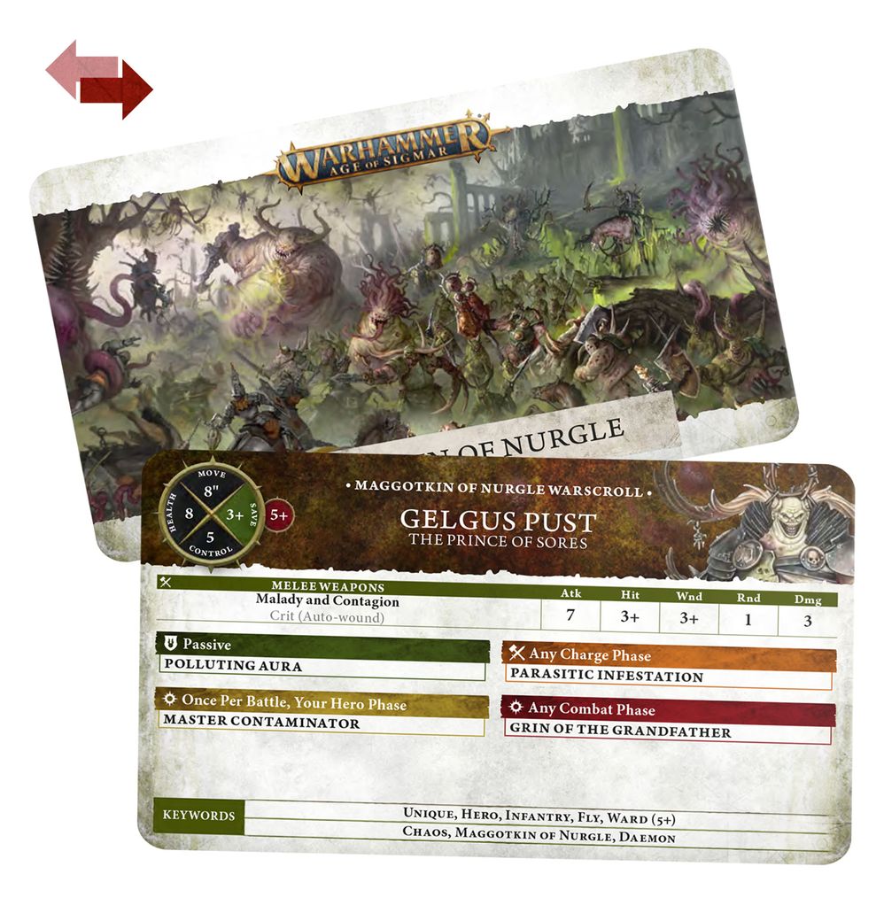 Maggotkin of Nurgle warscroll card front and back, Gelgus Pust, the Prince of Sores