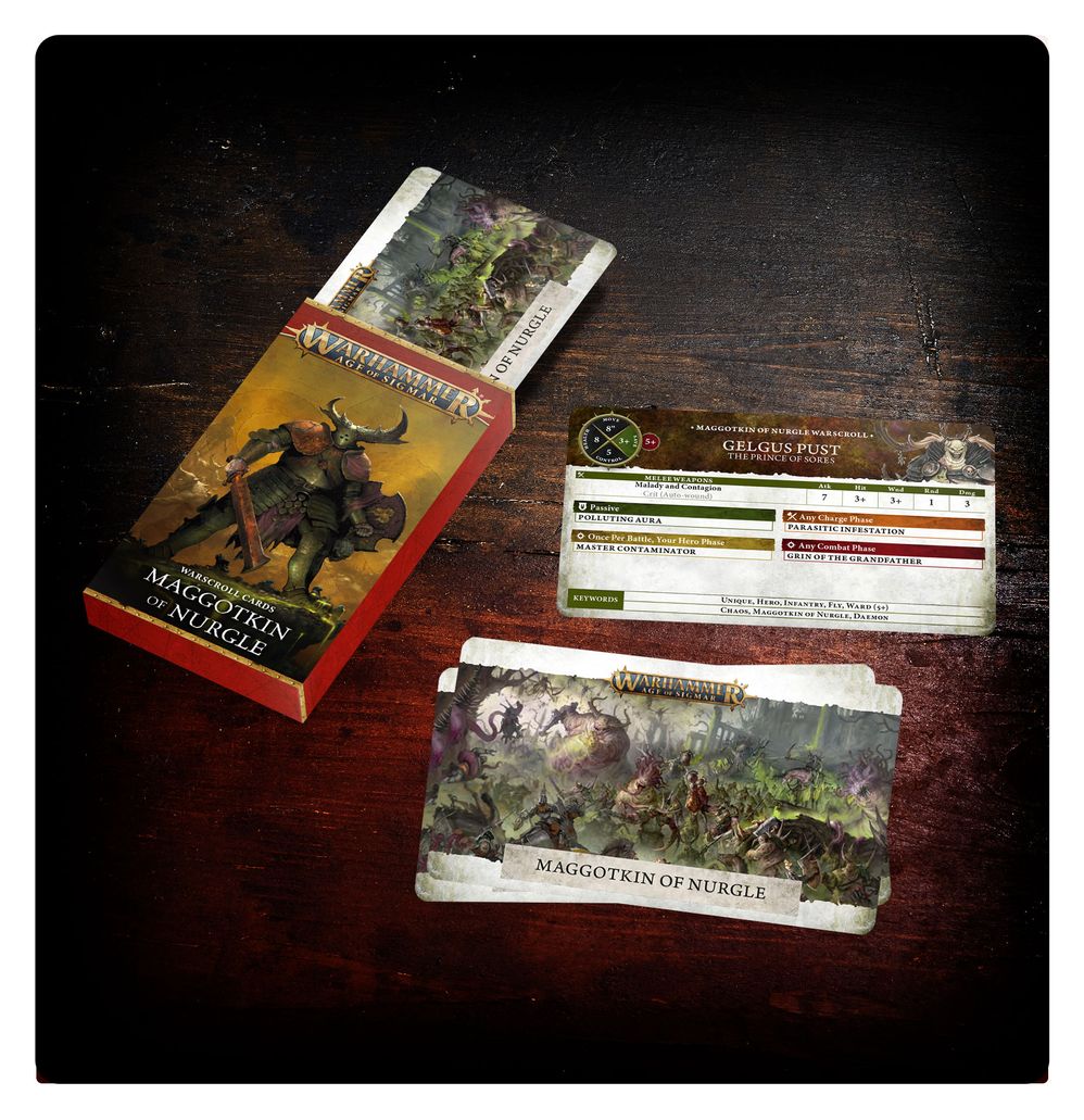 Maggotkin of Nurgle warscroll cards box and sample cards laid out on a dark wooden table