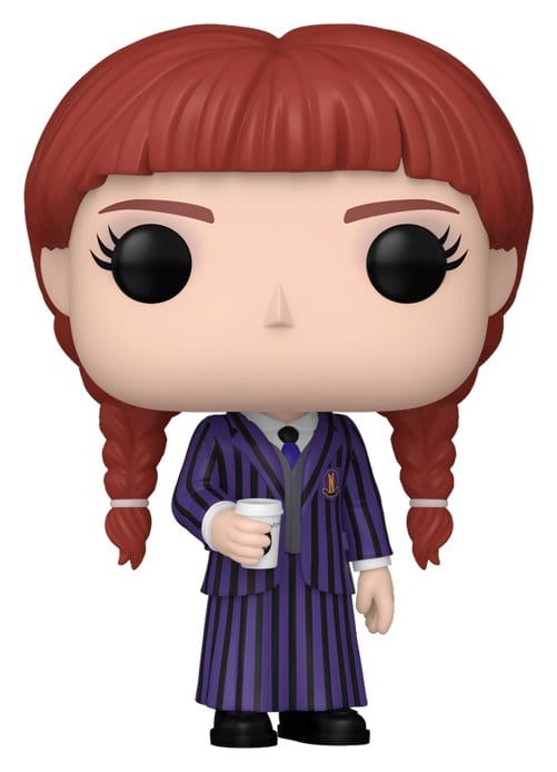 Wednesday Funko POP! Television Agnes DeMille vinyl figure in striped Nevermore uniform with a cup