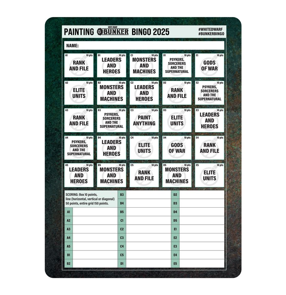 White Dwarf 507 Painting Bunker Bingo 2025 card with categories like Rank and File and Monsters