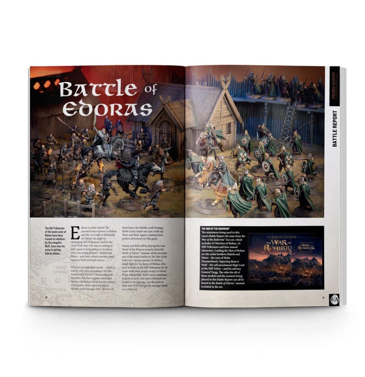 White Dwarf 510 open at the Battle of Edoras battle report with painted Middle-earth miniatures