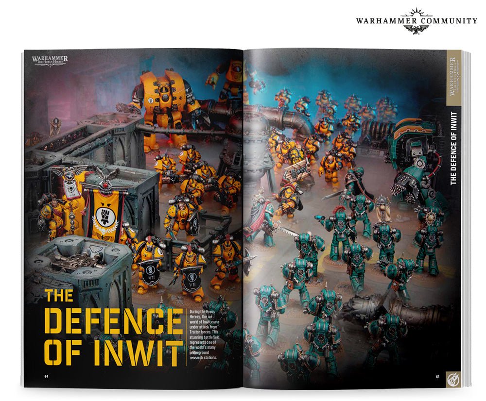 White Dwarf 517 open at The Defence of Inwit battle spread, with yellow-armoured Space Marines