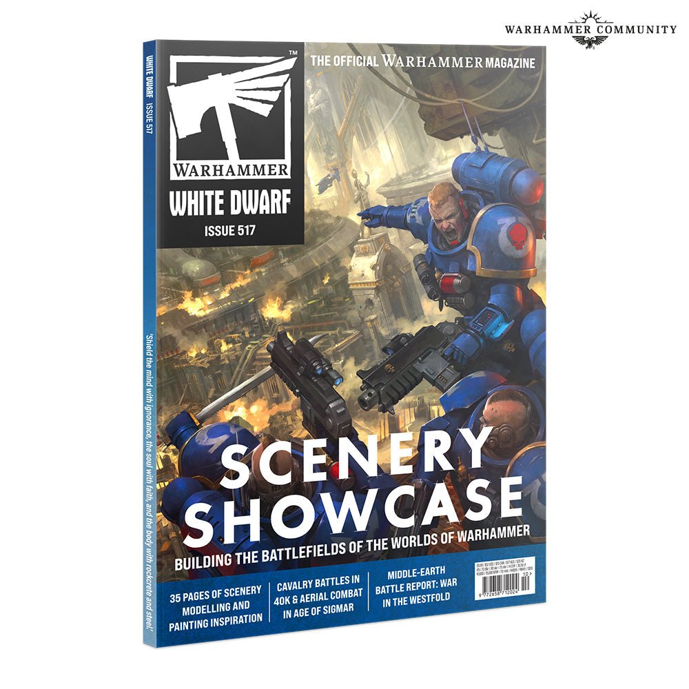 Games Workshop White Dwarf issue 517 front cover, Scenery Showcase, with blue-armoured Space Marines