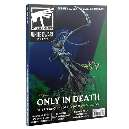 Warhammer White Dwarf magazine cover with a fantasy character on a blue and green background