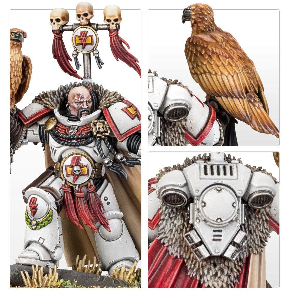 Close-ups of Kor'sarro Khan's face, hawk and fur-trimmed backpack, painted