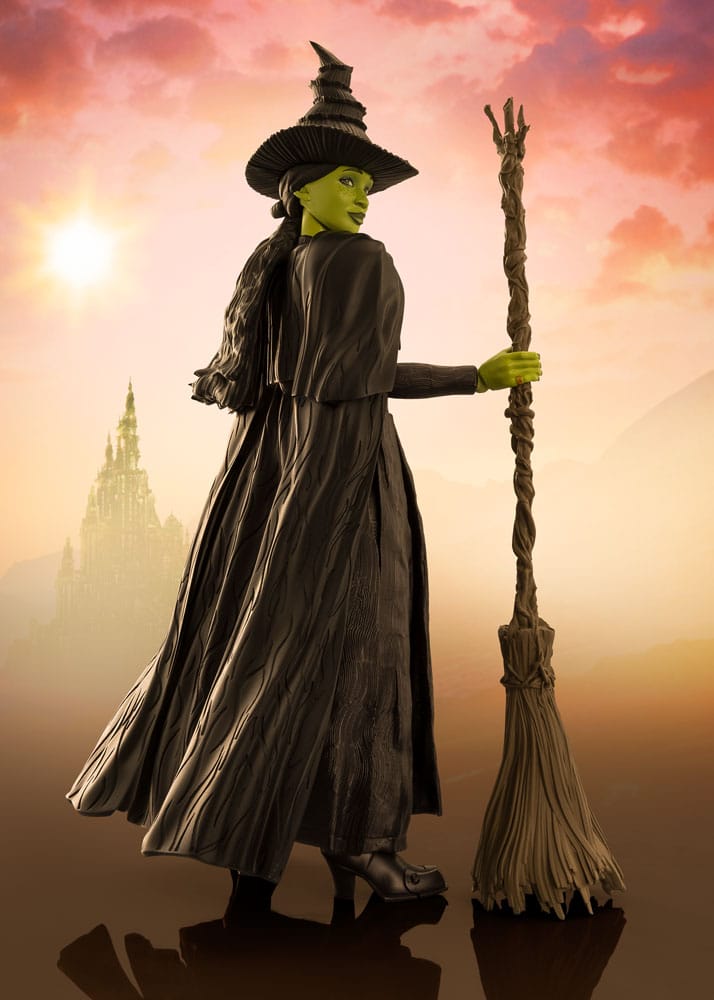 Wicked S.H.Figuarts Elphaba figure by Bandai Tamashii Nations holding her broom at sunset