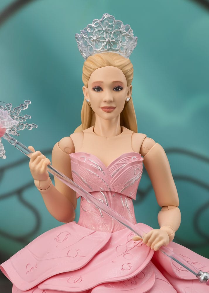 Close-up of the Wicked S.H.Figuarts Glinda figure's face, crystal crown and wand