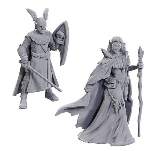 WizKids Nolzur's 50th Anniversary Elves, unpainted armoured elf warrior and robed elf with staff