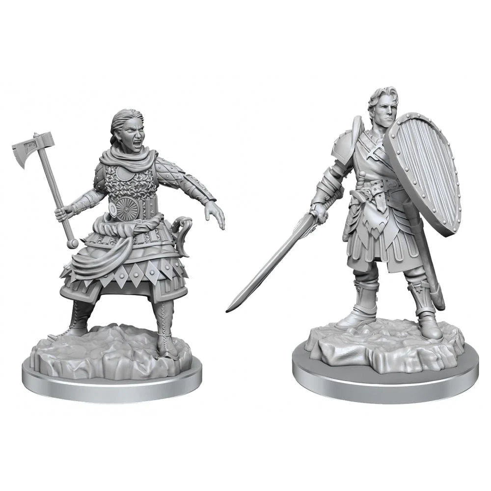 WizKids Nolzur's Human Fighters, two primed figures: one with an axe, one with sword and shield