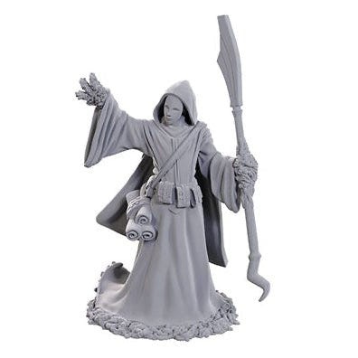 WizKids Nolzur's Marvelous Miniatures Star Spawn Larva Mage, unpainted hooded figure with a staff
