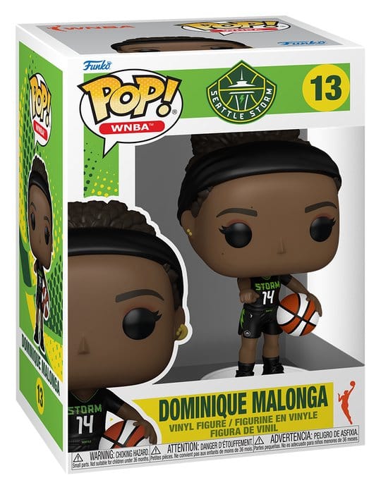 WNBA Funko POP! 13 Dominique Malonga Seattle Storm vinyl figure shown in its window display box