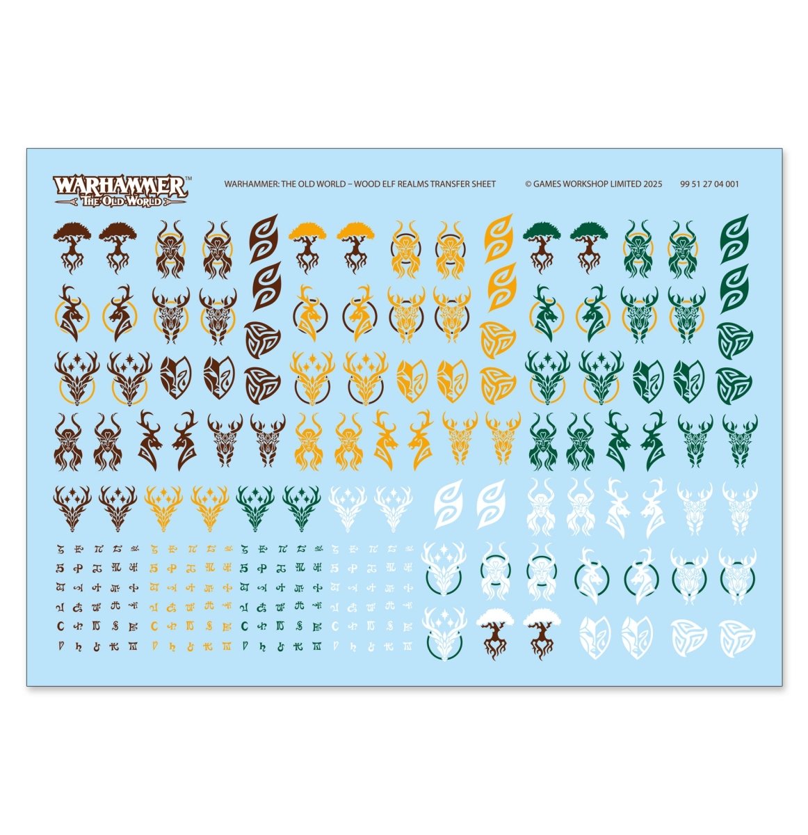 Wood Elf Realms transfer sheet with green, gold and white leaf and antler icons