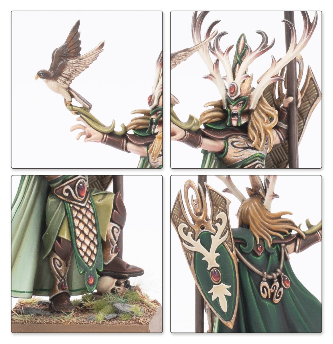 Wood Elf Realms close-ups of Araloth's hawk, antlered helm, cloak and leaf shield