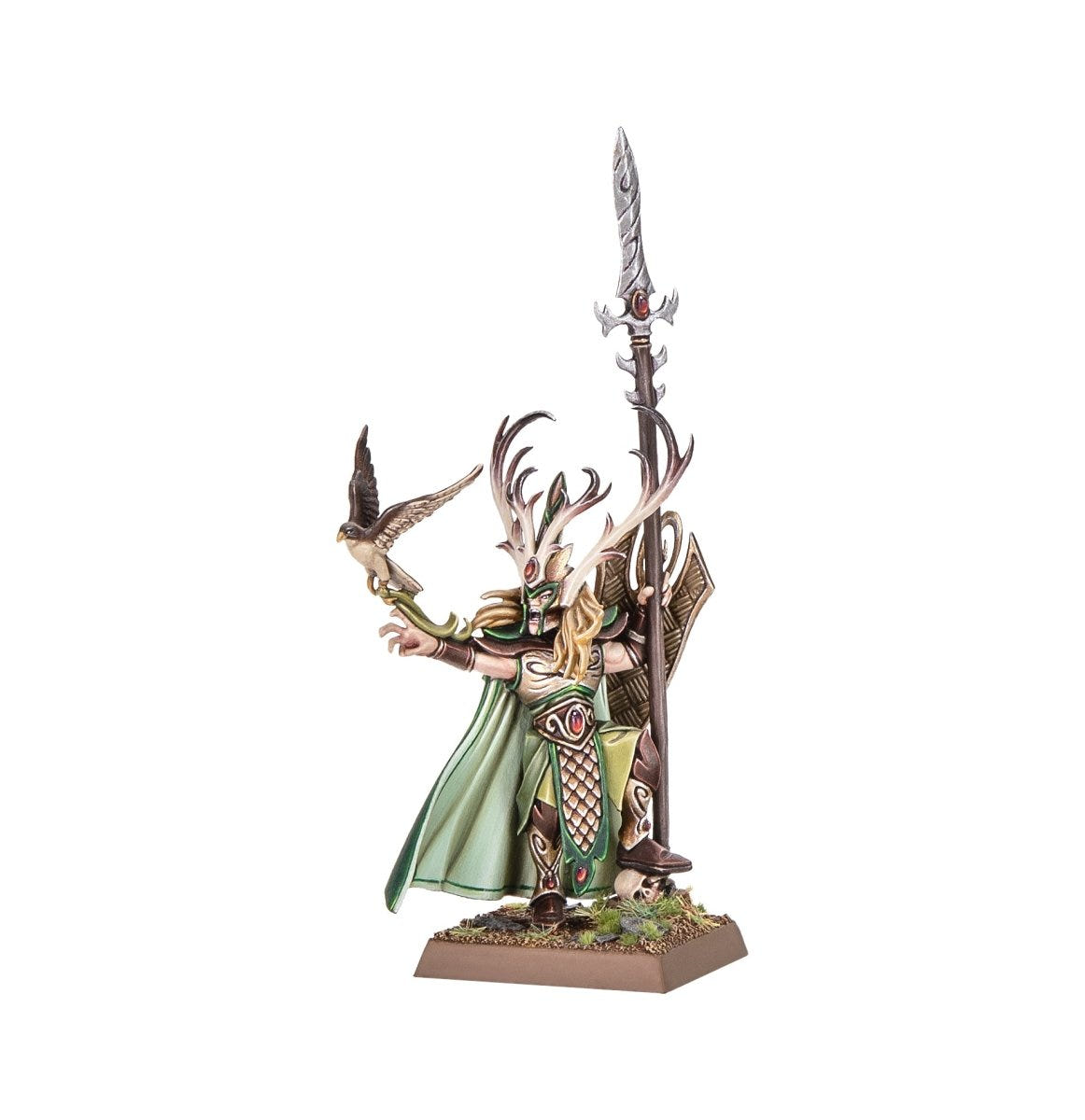 Araloth, Lord of Talsyn painted miniature with spear and hawk, from the Wood Elf Realms Battle March Army