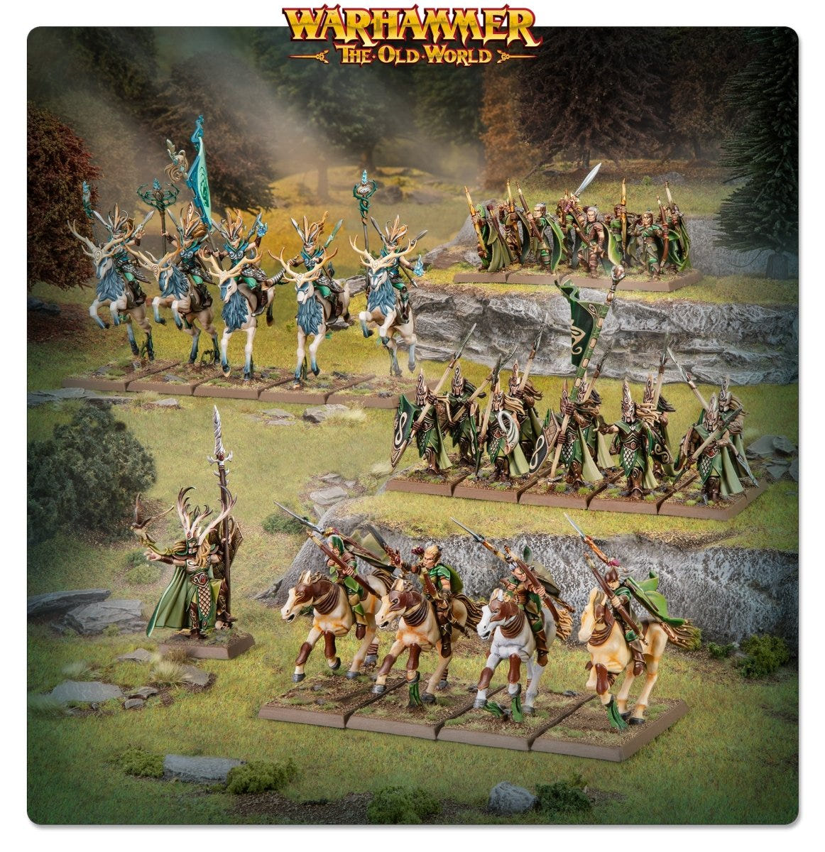 Wood Elf Realms Battle March Army painted models deployed on a forest battlefield