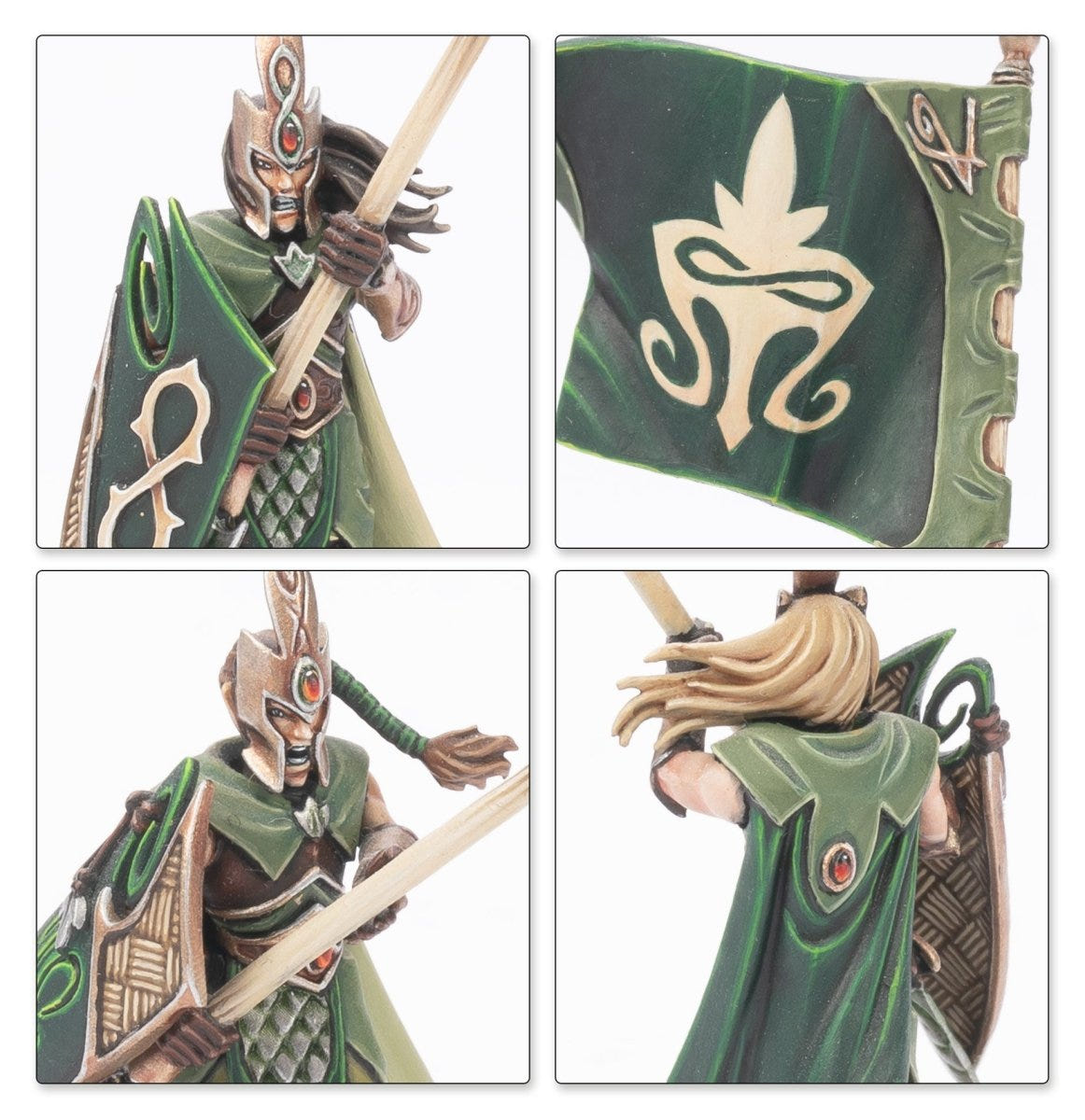 Wood Elf Realms close-ups of Eternal Guard helms, spear, shield and green banner