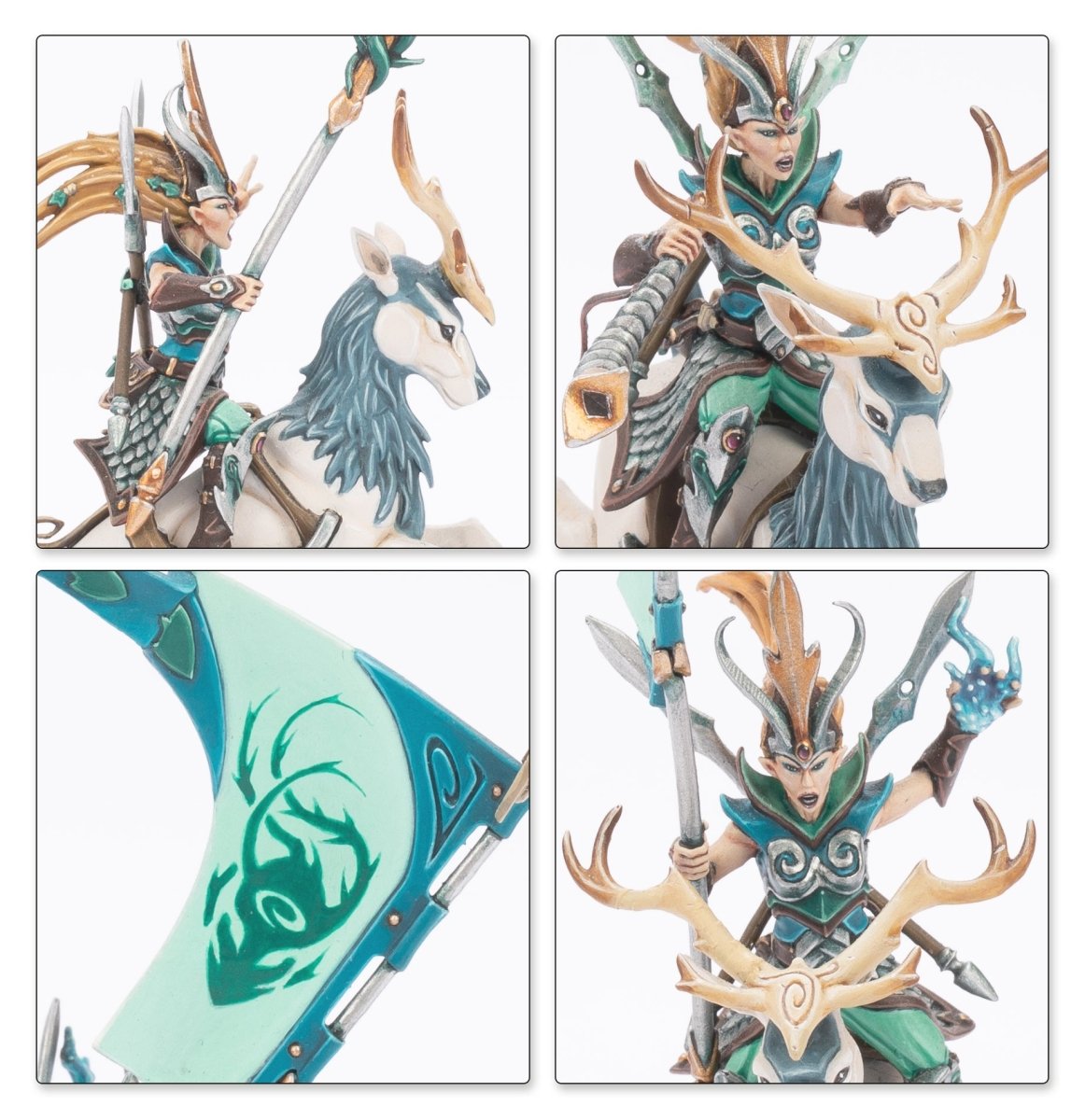 Wood Elf Realms close-ups of the Sisters of the Thorn, deer steeds, antlers and teal banner