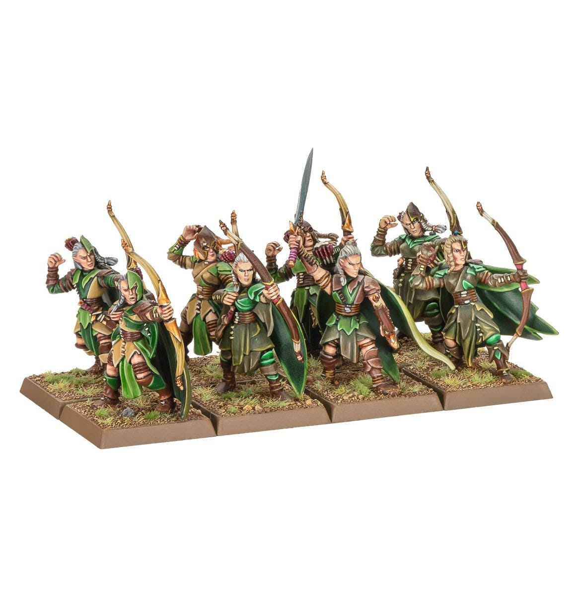 Wood Elf Realms painted archers in green cloaks with longbows, ranked up on square bases