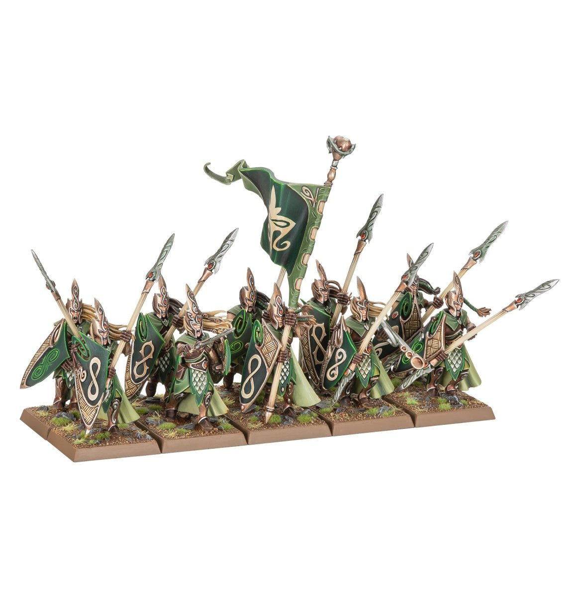 Wood Elf Realms Eternal Guard painted with spears, leaf shields and a green banner