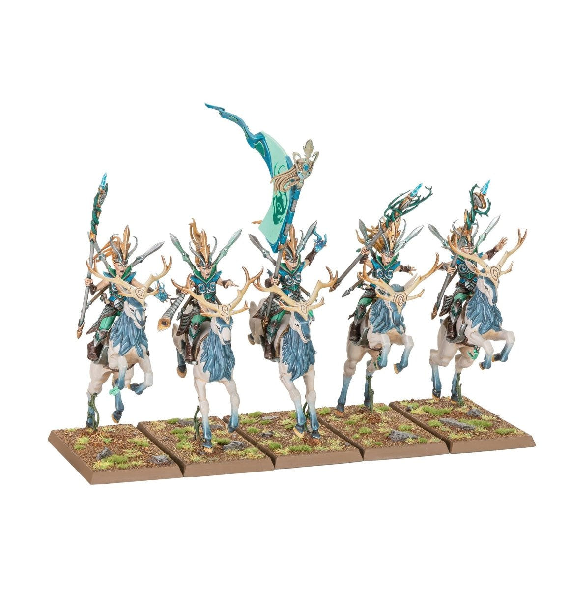Wood Elf Realms Sisters of the Thorn painted, riding antlered deer steeds with a teal banner