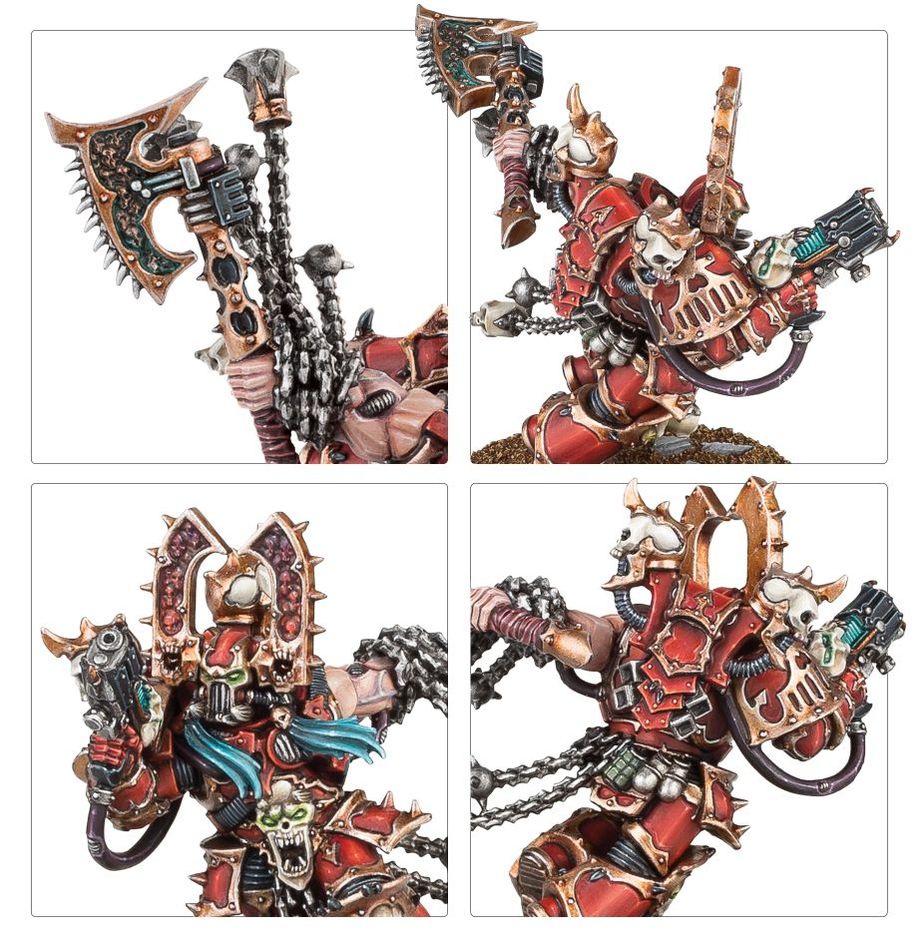 Kharn the Betrayer close-ups of Gorechild, the plasma pistol, skull-laden armour and snarling helmet