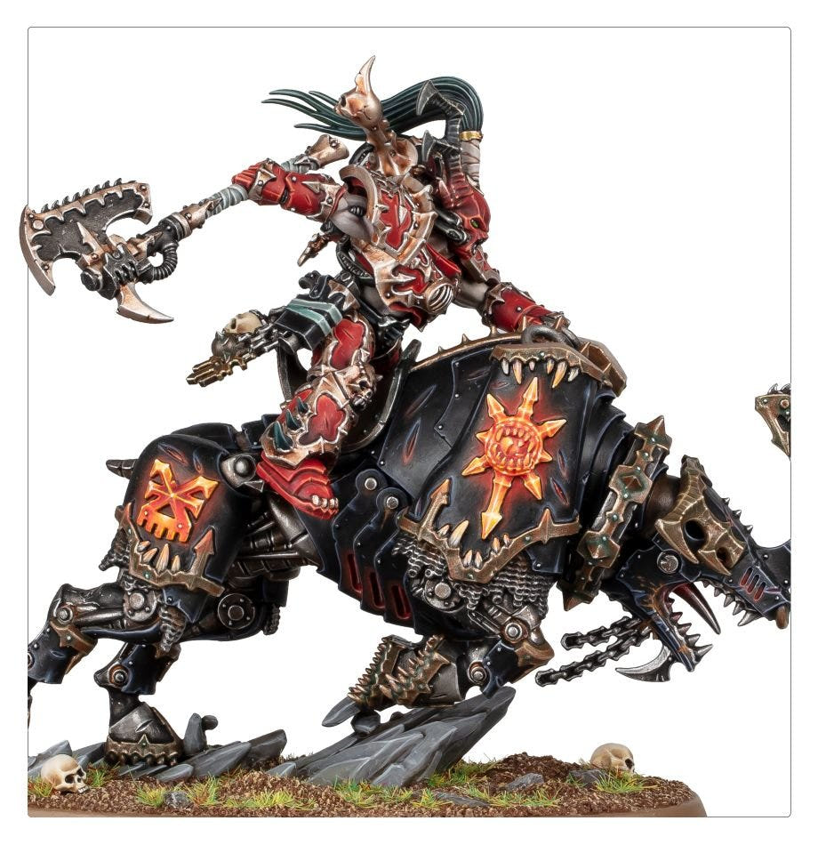 Close-up of painted Lord Invocatus swinging his axe atop the charging juggernaut