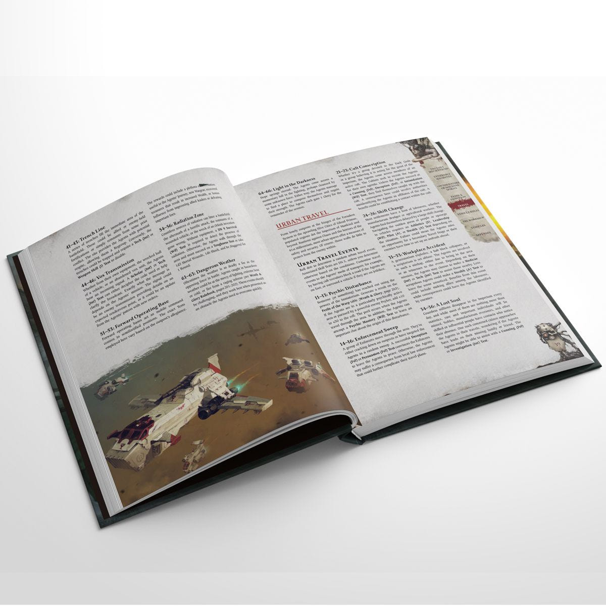 Wrath & Glory: Church of Steel open at a rules spread with artwork of a crashed aircraft
