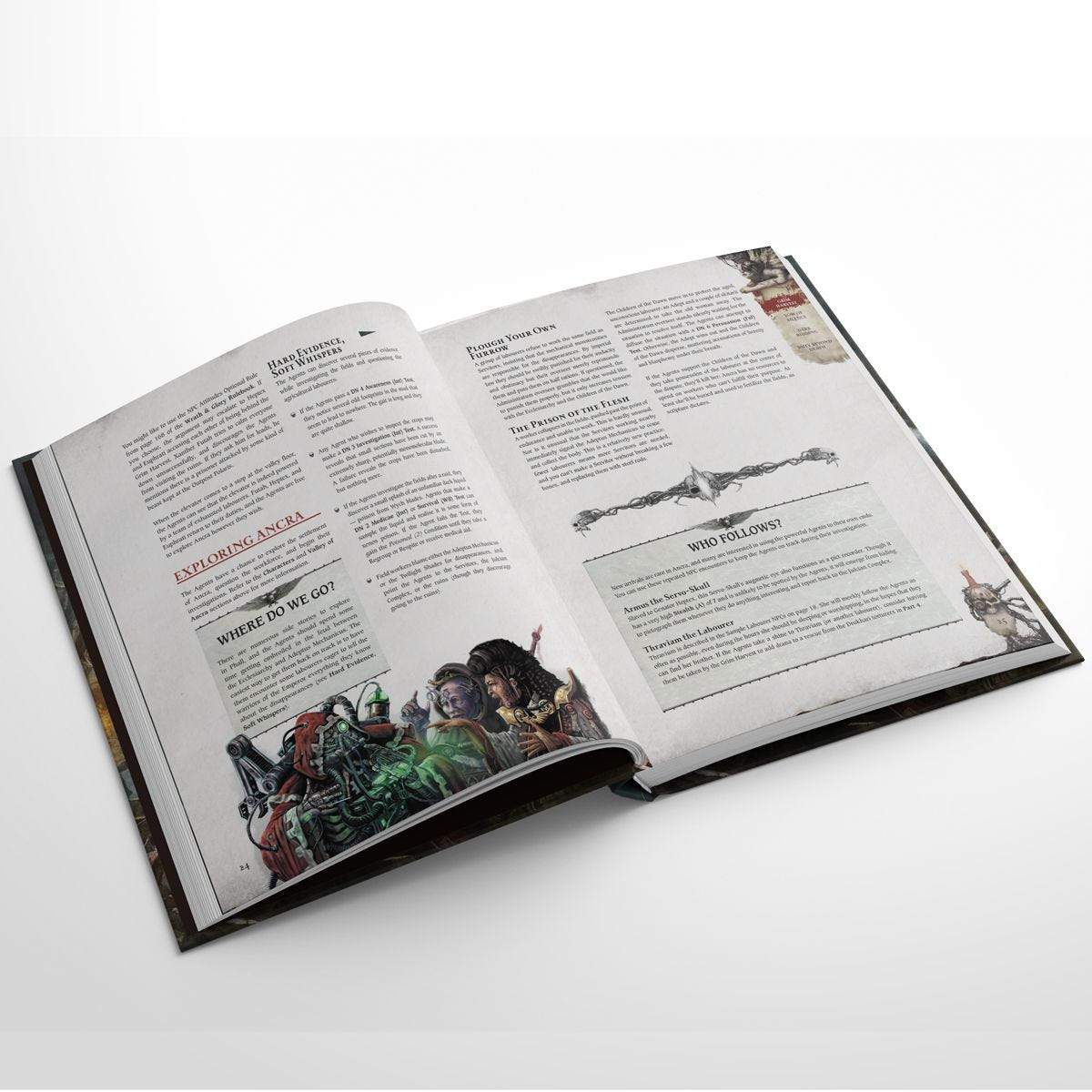 Wrath & Glory: Litanies of the Lost open pages with adventure text and character artwork