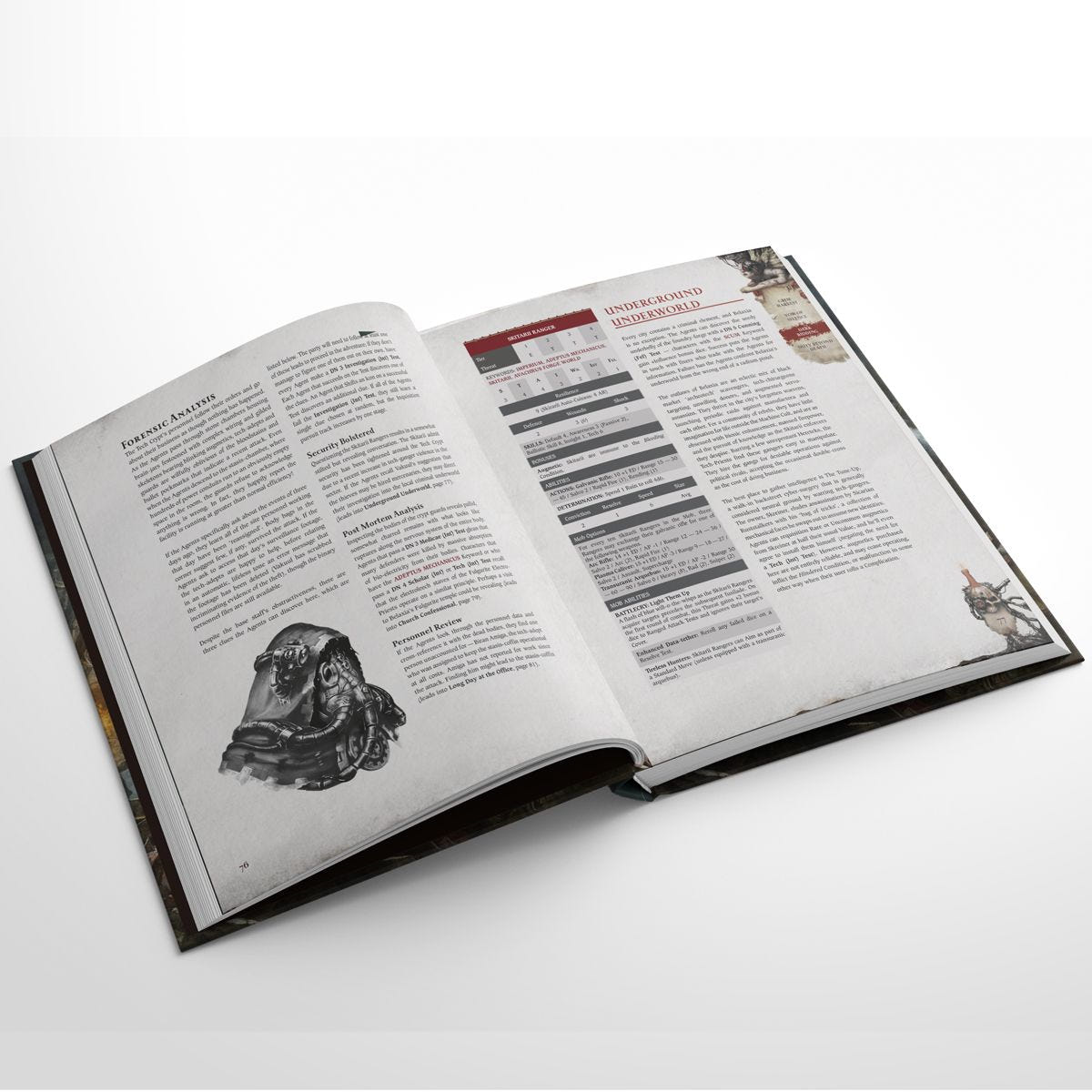 Wrath & Glory: Litanies of the Lost open pages with adventure text and a rules table