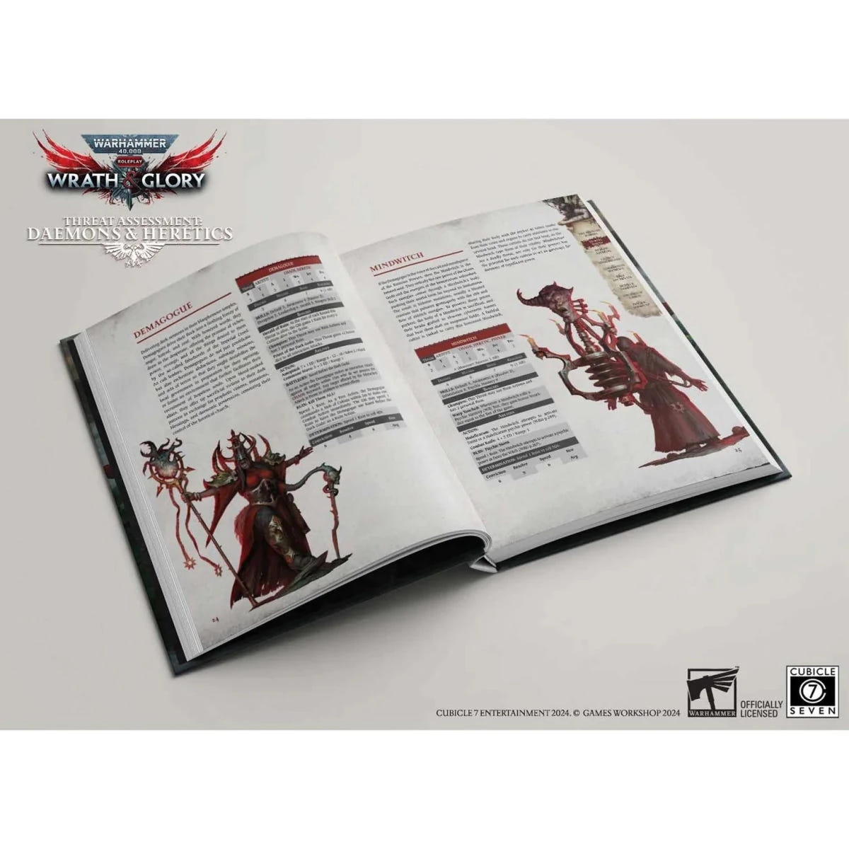 Wrath & Glory Threat Assessment: Daemons & Heretics open at stat pages with a Chaos sorcerer illustration