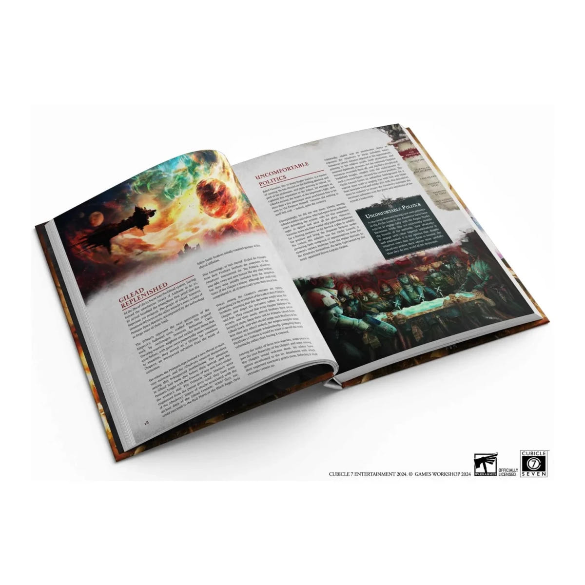 Wrath & Glory: Vow of Absolution open pages with battle artwork and rules text