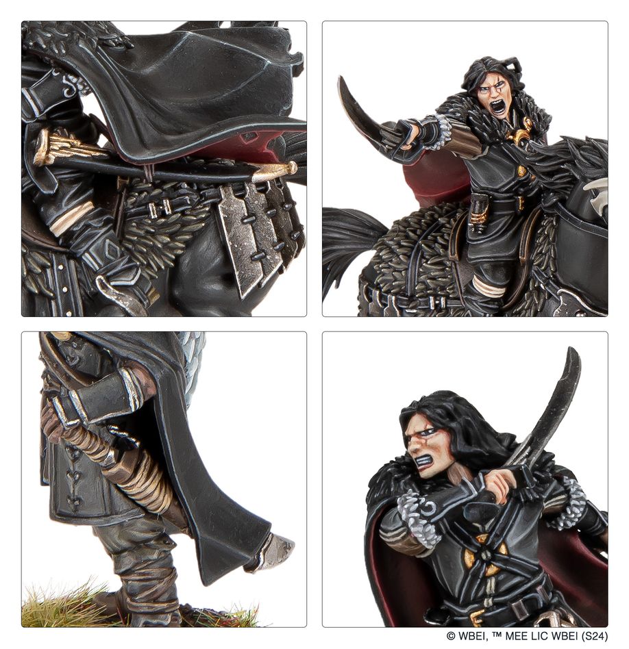 Close-ups of painted Wulf in black cloak with a curved blade, mounted and on foot