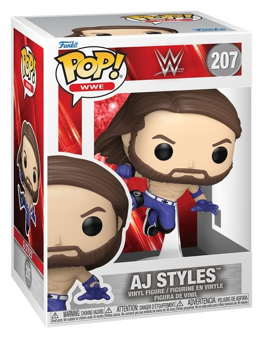 AJ Styles Funko POP! WWE vinyl figure in its red window box, number 207