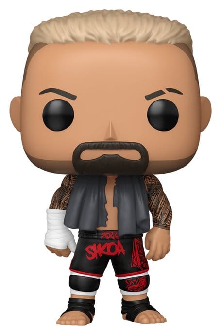Funko POP! WWE Solo Sikoa in black vest and red-trimmed ring gear, front view